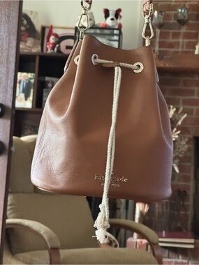 kate spade Brown Leather Drawstring Shoulder Bucket Bag with Cream Cord